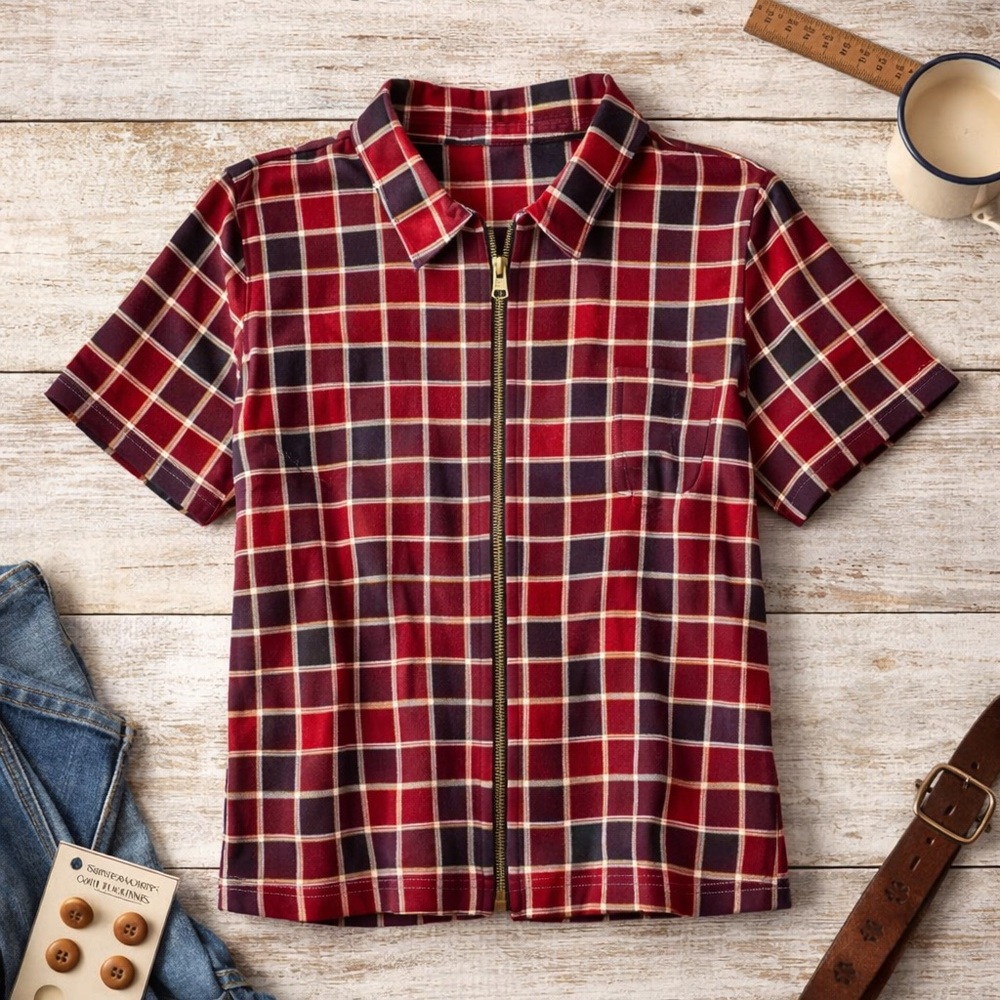 Carolina Colors Plus Red Plaid Zip Front Top 28W Short Sleeve Cotton